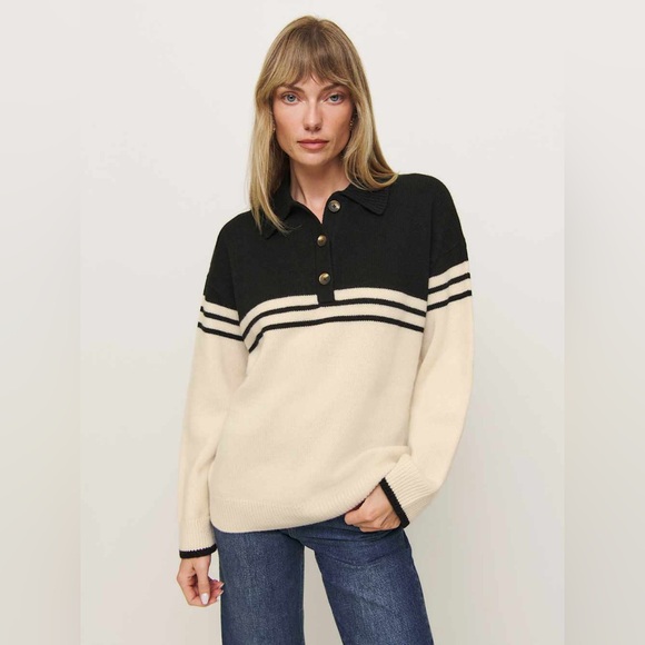 Reformation Brooklyn Cashmere Polo Sweater in Cream Black Stripe - Picture 1 of 8